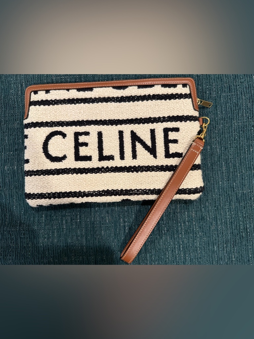 Celine Black and Cream Striped Canvas Wristlet with Tan Trim - Picture 8 of 17